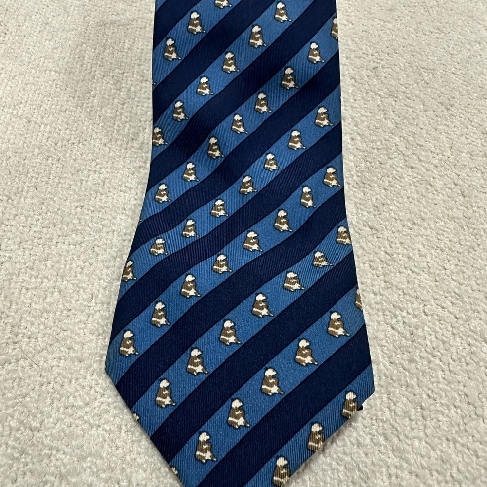 Hermes Men's Blue Striped Novelty Tie w/ panda design